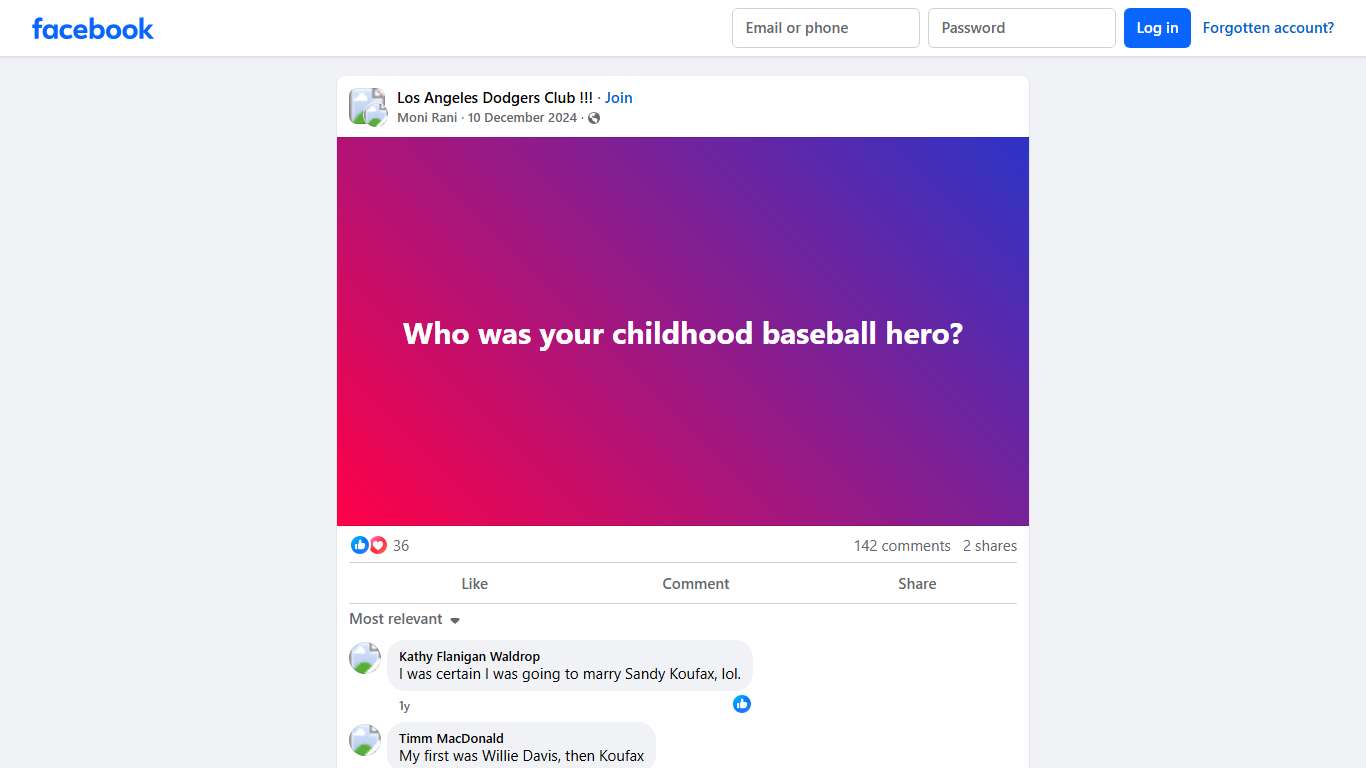 Los Angeles Dodgers Club !!! Who was your childhood baseball hero Facebook